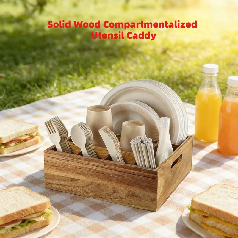 

Multipurpose Wooden Kitchen Utensil Organizer with Dividers for Cutlery Plates Cups Portable for Outdoor Picnic Camping
