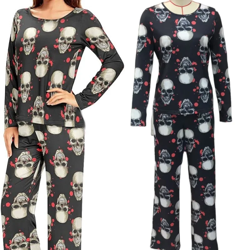 Womens Halloween Pajamas Sets Human Skull Print Night Suits Long Sleeve Sleepwear Soft Pj-Lounge Set Home Suits Outfits