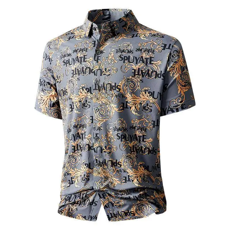 

Summer 2026 Ice Silk Short Sleeve Printed Shirt Floral Casual Neck Men's Fashionable Versatile Cotton Blend Deformable