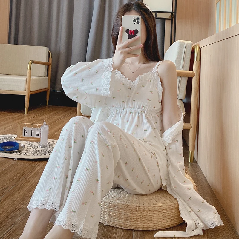 3Pcs/Set Cotton Pregnancy Sleepwear Nursing Nightgown Maternity Nightwear Breastfeeding Pajamas For Pregnant Women Homewear