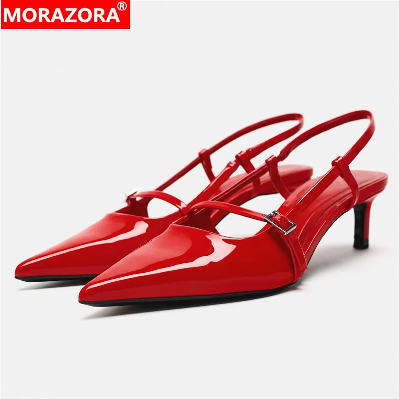 MORAZORA Plus Size 34-43 New Patent Genuine Leather Women Sandals Stiletto High Heels Party Wedding Shoes Summer Ladies Sandals