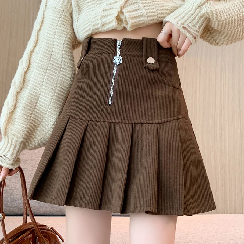 가을 겨울 코듀로이 플리츠 스커트 여성 하이웨이스트 지퍼 포켓 A라인 숏 스커트