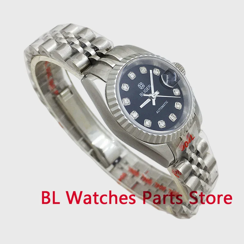 BLIGER 26mm Women Mechanical Watch Japan NH05A Movement Sapphire Crystal Silver Case Stainless Steel Fluted Bezel Jubilee Strap