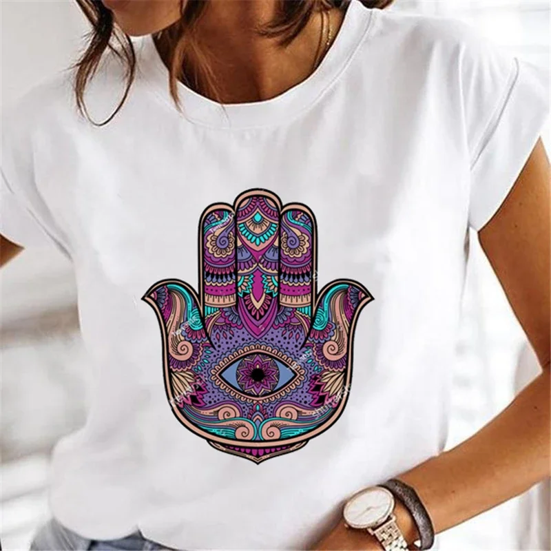 Sommer neue 90er Jahre Kurzarm Sommerkleid Hand von Hamsa Fatima Print O-Ausschnitt T-Shirt Top Mode Frauen lustige weiße T-Shirt.