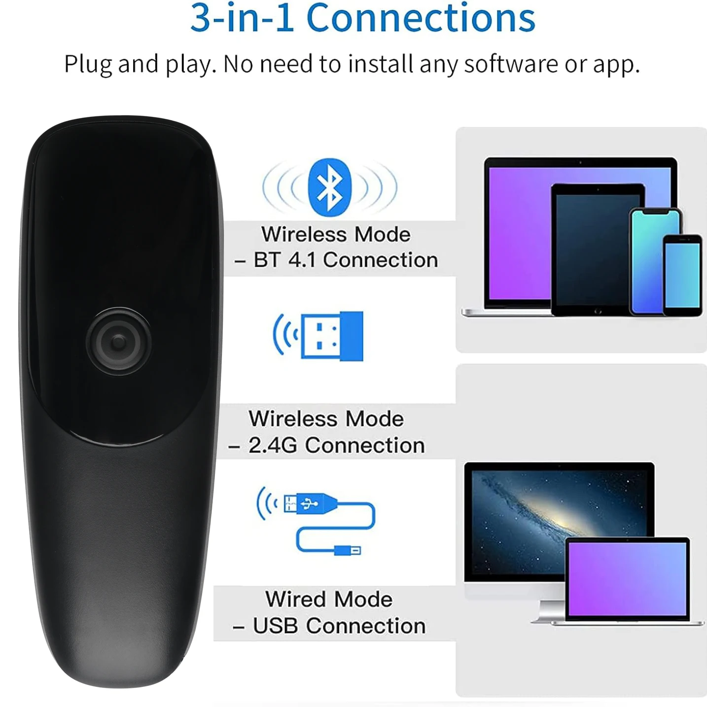 Mini 1D Bluetooth Barcode Scanner, 3-in-1 Bluetooth & USB Wired & 2.4G Wireless Barcode Reader Portable Bar Code Scanning
