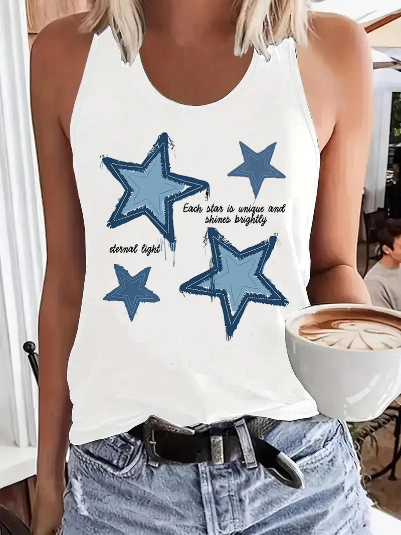 Lustiges T-Shirt-Design mit Sternenmotiv, bedrucktes Weste-Tanktop mit Grafikdruck, ärmelloses Damen-Top mit Rundhalsausschnitt, lässiges Top für den Sommer und Frühling