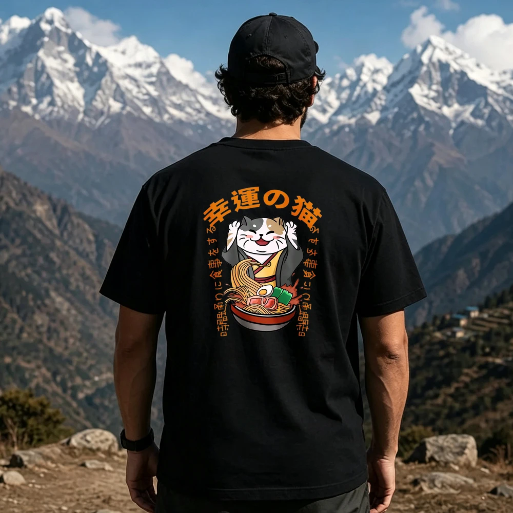 Men Lucky Cat Good Fortune Japanese Kanji Ramen Bowl Graphic T-Shirt Vintage Ukiyo-e Style Happy Tri Color Cat Cotton Casual Top