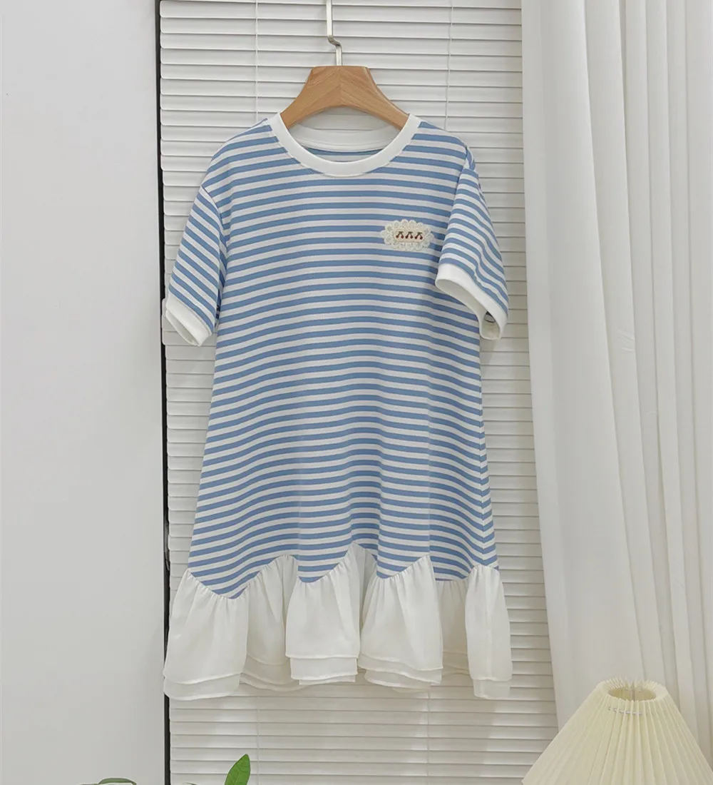 

summer dresses kids clothes girls' dress Blue ocean striped patchwork dress Cherry patterned embroidered dress