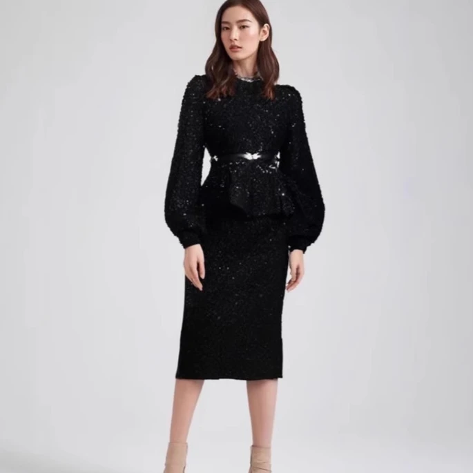 Women 2 Piece Set 2024 Autumn Winter Elegant Women's Clothing Sequins Black Lotus Leaf PUllover Top + Midi Pencil Skirt Suit Set