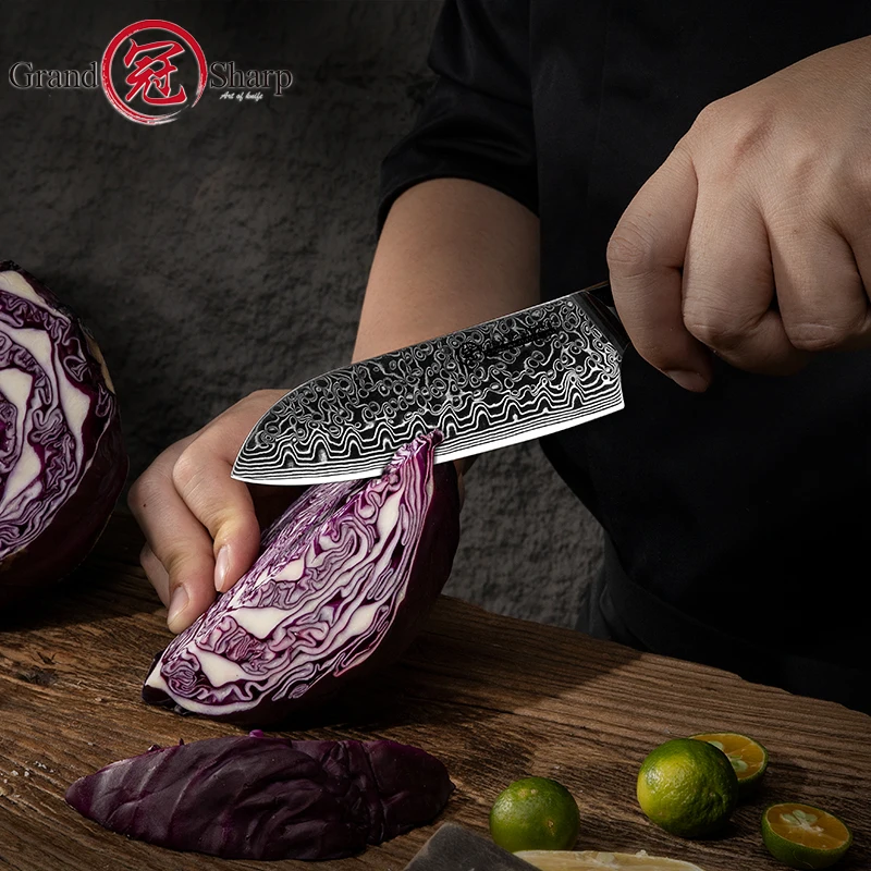 Grandsharp Factory Damascus Kitchen Knives Santoku Knife 5 Inch Japanese VG10 Damascus Steel Chef Cooking Professional Tools NEW