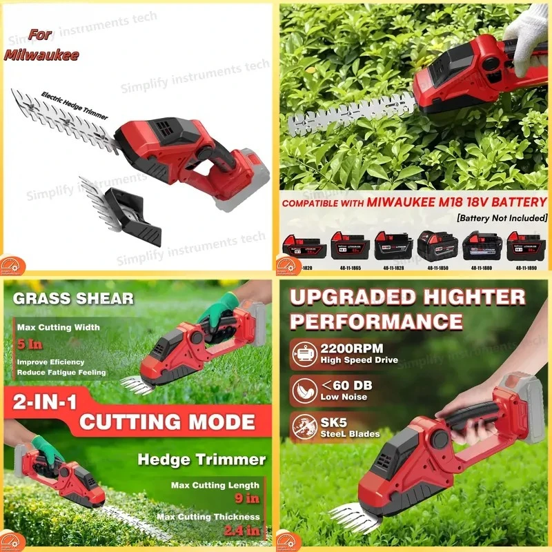 Cordless Hedge Trimmer for Milwaukee M18 Battery 2200 RPM Mini Grass Shears 2 in 1 Handheld Hedge Trimmer Grass
