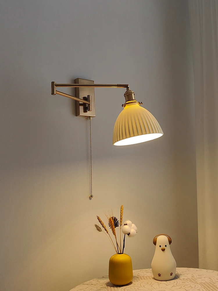 IWHD Nordic Modern LED Wall Sconce Left Right Rotate Pull Chain Switch Bedroom Restaurant Bar Beside Lamp Ceramic Stair Light