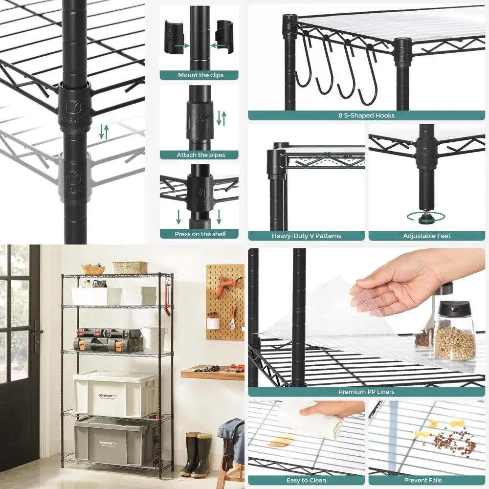 

Регулируемая металлическая стеллажная система с 5 полками для кухни или гаража, 11.8x35.4x63, черная, UR095B01