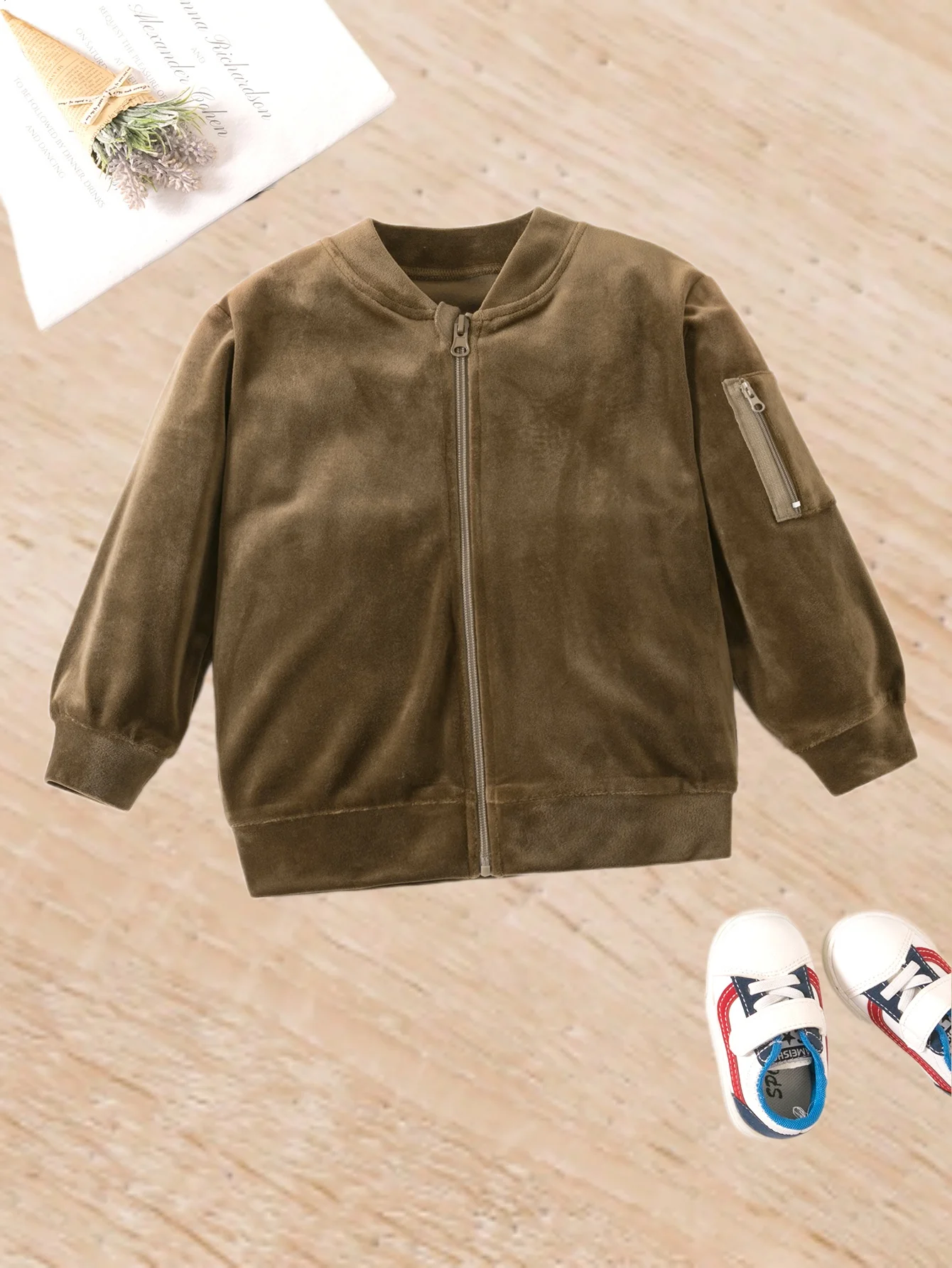 Children's Wear Boys Fall/Winter Coat Trend Handsome Mocha Brown Velvet Soft Comfortable Long Sleeve Niche Chic Cardigan Jacket