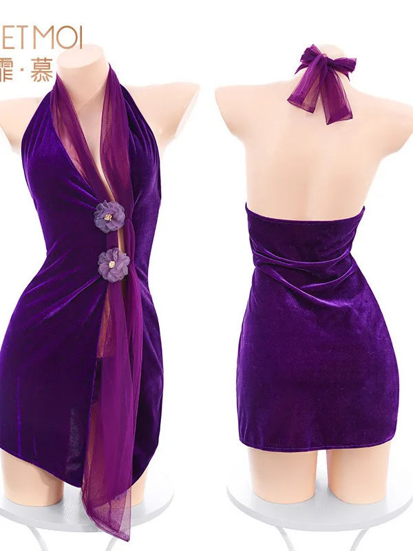 Exotic Fairy Dress Tank Mini Dress V Neck Mesh Lace Purple Velvet Lady Cheongsam Sexy Pure Desire Dress Elegant Fashion Tops LW7