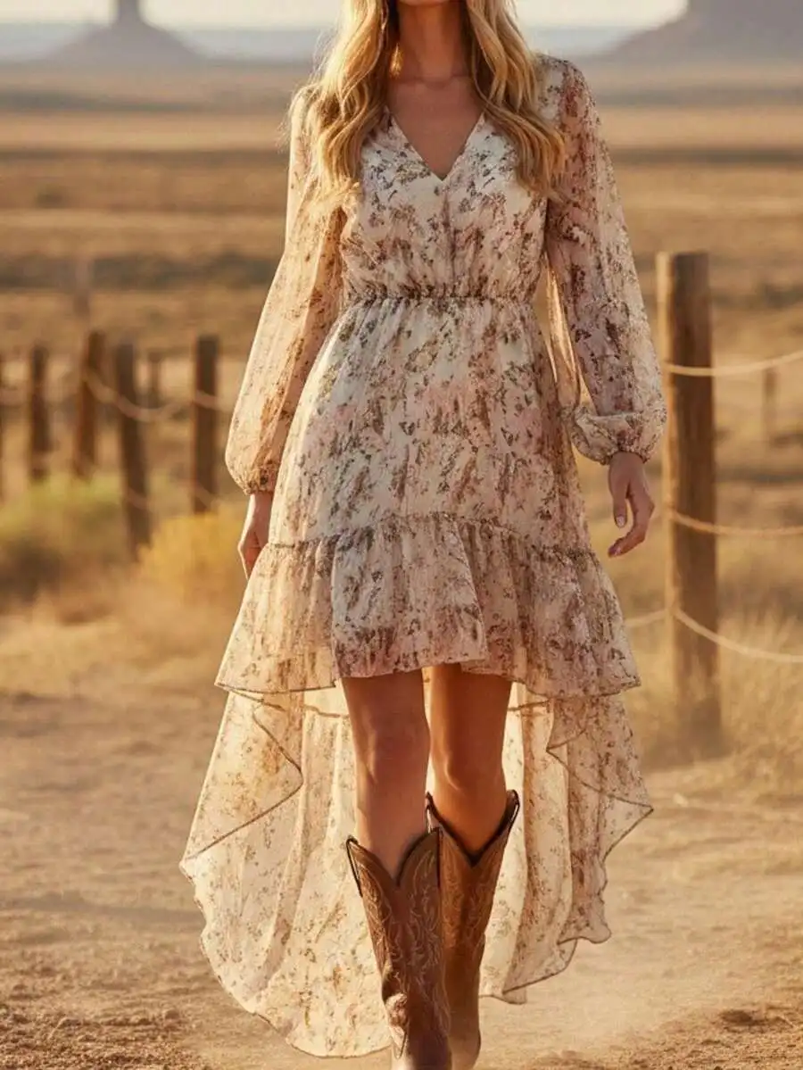 Vestido Boho Floral para Mujer, Cuello en V, Manga Larga, Dobladillo con Volantes, Estilo Vaquero Occidental