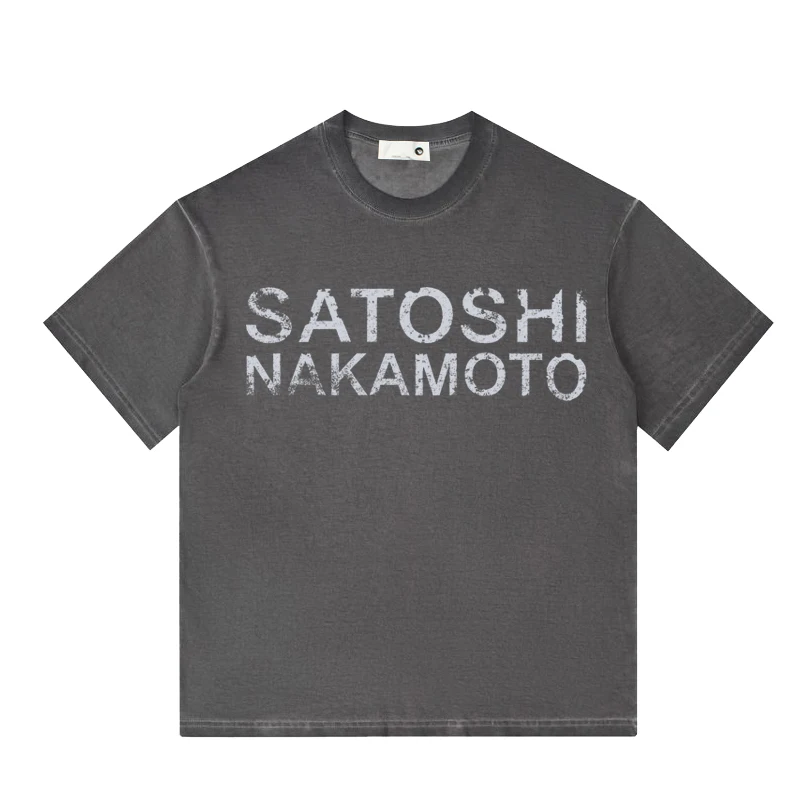 High Street Satoshi Nakamoto T Shirt Classic Retro Letter Wash Distressed Print Shorts Men Women Same Style Shirts Short -pants