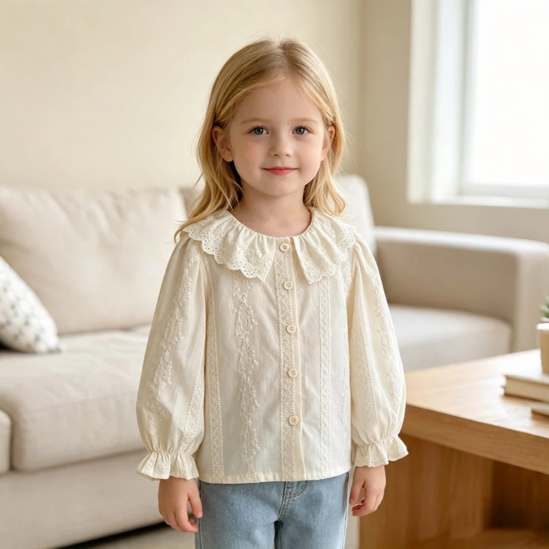 Kleinkind Mädchen Spitzenbluse mit Peter-Pan-Kragen, Vintage-Stickerei, Langarm-Rüschenmanschette, Süße Kinder-Oberteile für Frühling und Herbst – Detail 14