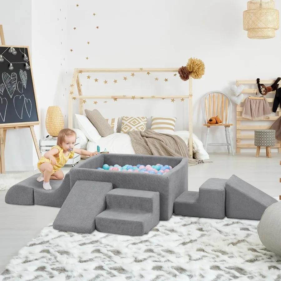 ソフトフォームクライミングブロックとボールピット6個入り幼児用クライミングおもちゃ屋内グレーソフトプレイクライミング幼児用ハイハイ用滑り台