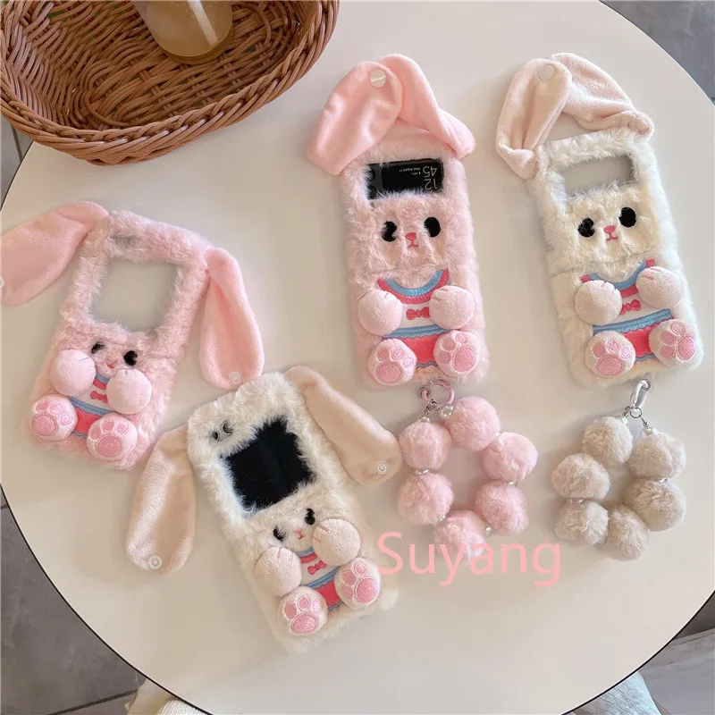 Long Ear Button Cartoon Rabbit Phone Case For Samsung Galaxy Z Flip 7 6 5 4 3 Flip7 Strap Hairball Chain Fur Cover Protect Shell