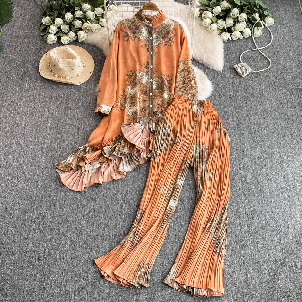 Fashion Suit European American Long Sleeved For Women Loose Irregular Print Shirt Two-piece Set High Waist Flared Pleated Pants