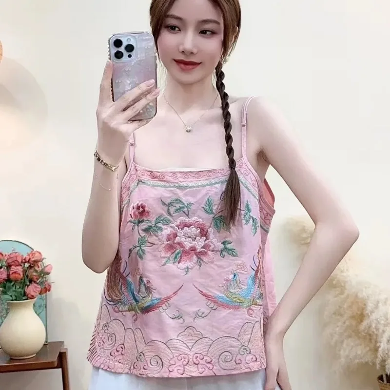 Women's Vintage Chinese Style Embroidery Cami Top Pink Peacock Phoenix Floral Print Sleeveless Camisole Casual Blouse