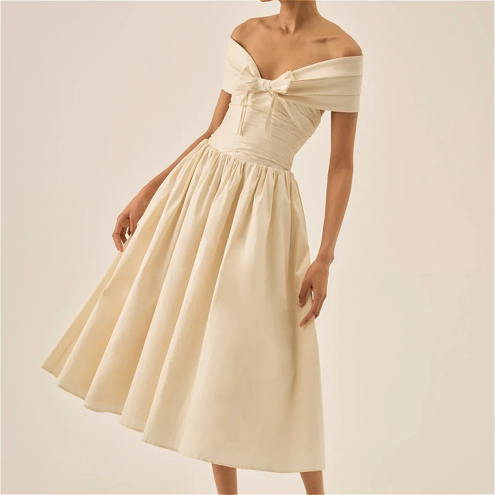 Customized Cream Off Shoulder Big Bow Ruched Waist Flared Midi Dress A Line Satin Formal Gown Elegant Wedding Guest Dress