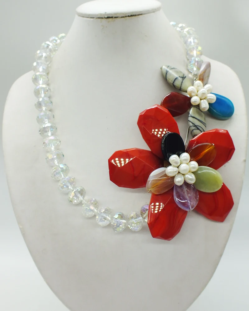 

new 6-14-1508# Sea Shells. Semi-precious stones. Hand-knit flower necklace