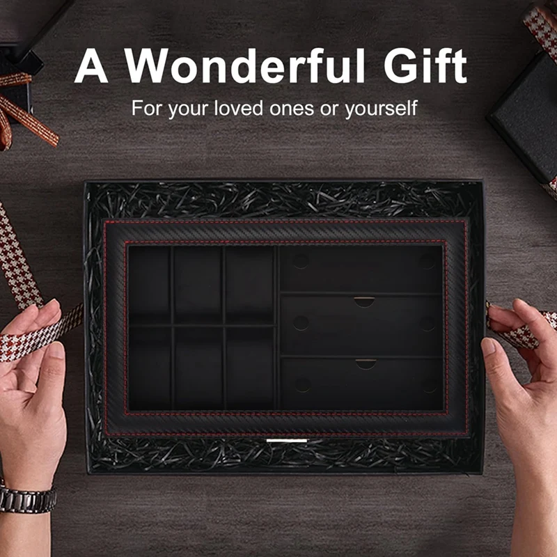 Kotak jam tangan, kotak perhiasan pria dengan 6 Slot kotak Jam Tangan & 3 Slot pengatur kacamata hitam, 2 lapisan pemegang jam dapat dikunci