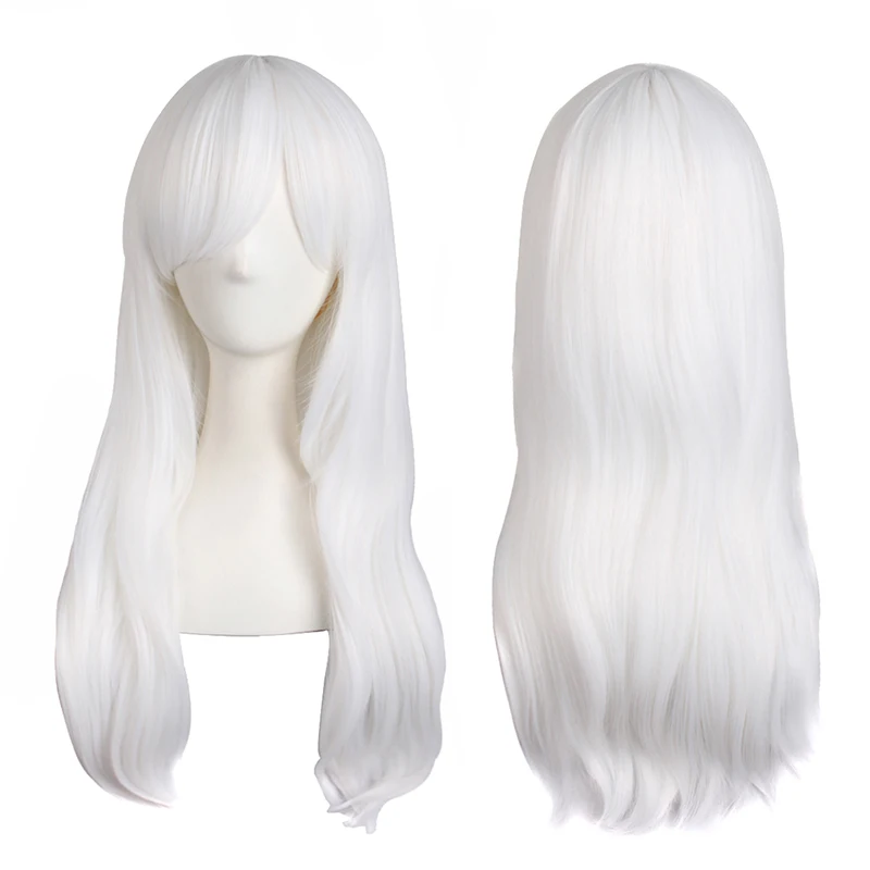 

Cos Wig Female Long Hair 60cm Universal Straight Micro Curly Oblique Bangs Natural Pure White Anime