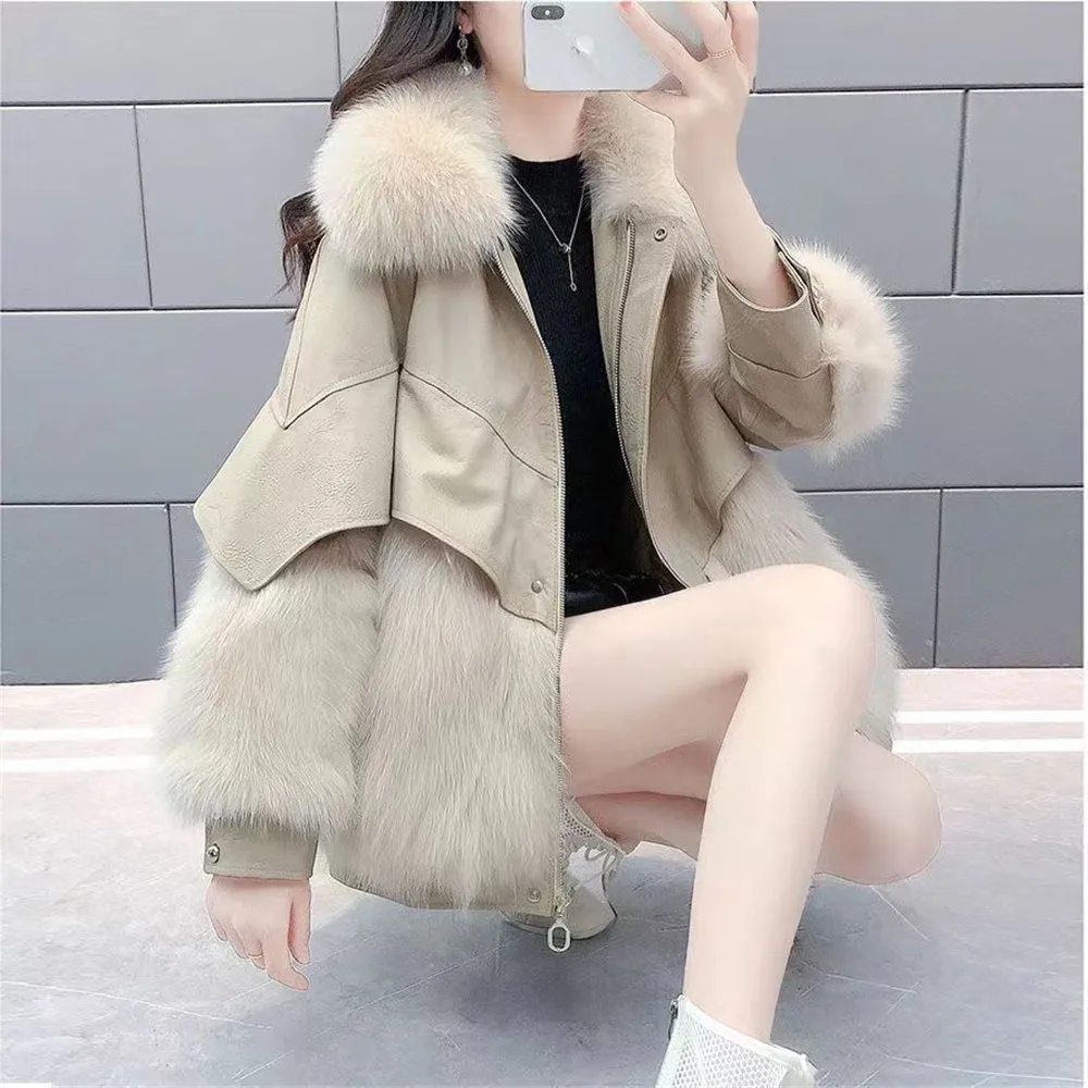 Women\'S PU Leather Loose Coat, Faux Fox Hair, Splice, Mid-Length, Thickened, Warm, Fashion, New, Winter, 2024