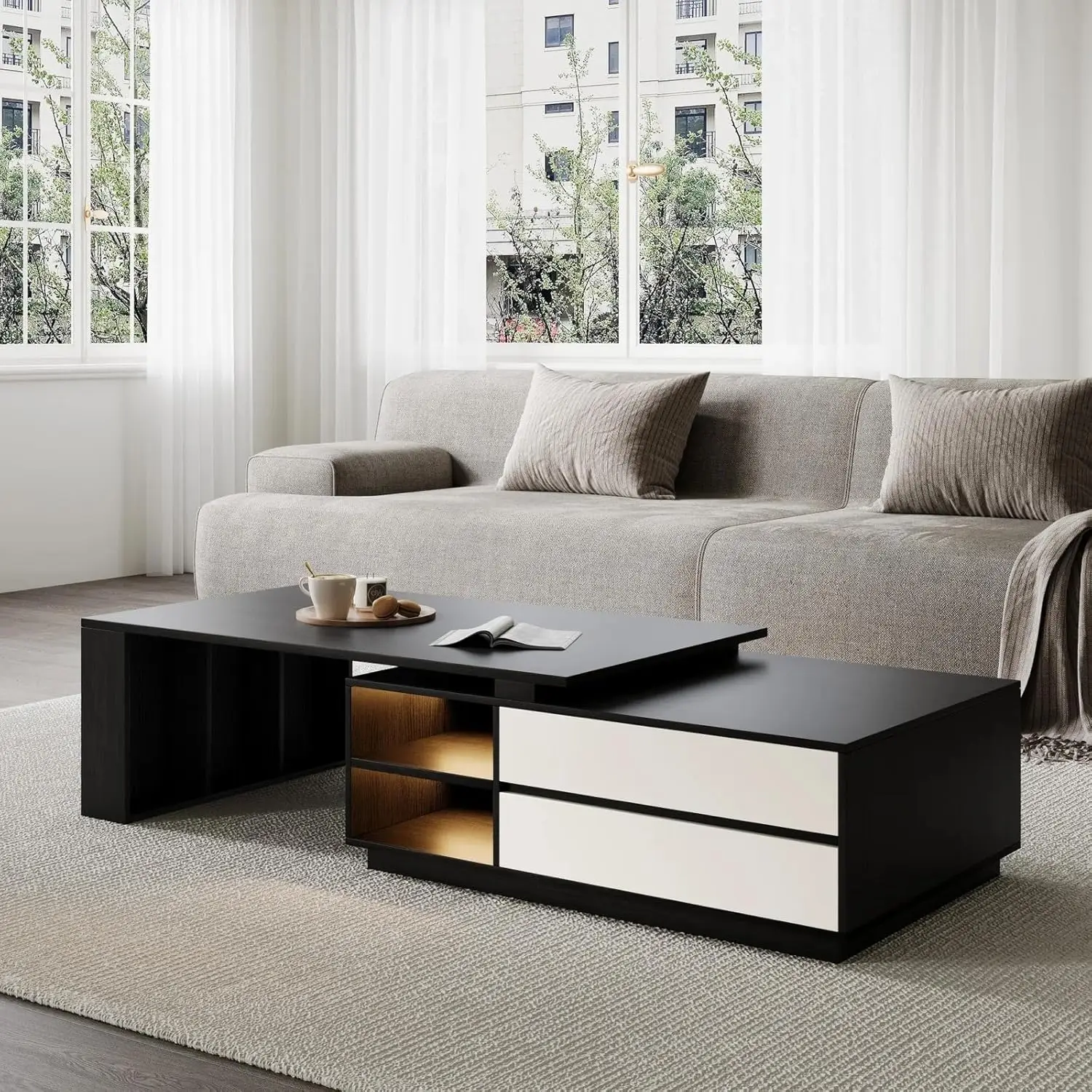 Modern LED Lighted Storage Coffee Table, Light Grey/Off White Wood Grain Finish Coffee Table With 2 Drawers, Storage Drawer And