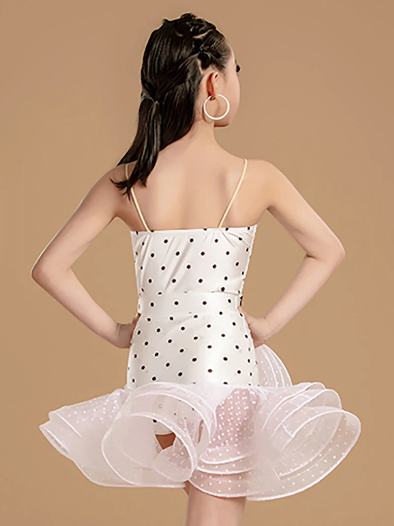 ชุดเต้นลาตินสำหรับเด็กผู้หญิง ลายจุดดำ ชุดบอดี้สูทแบบผูกโบว์ และกระโปรงตาข่ายทรงสวิง ชุดฝึกซ้อมเต้นรำบอลรูม