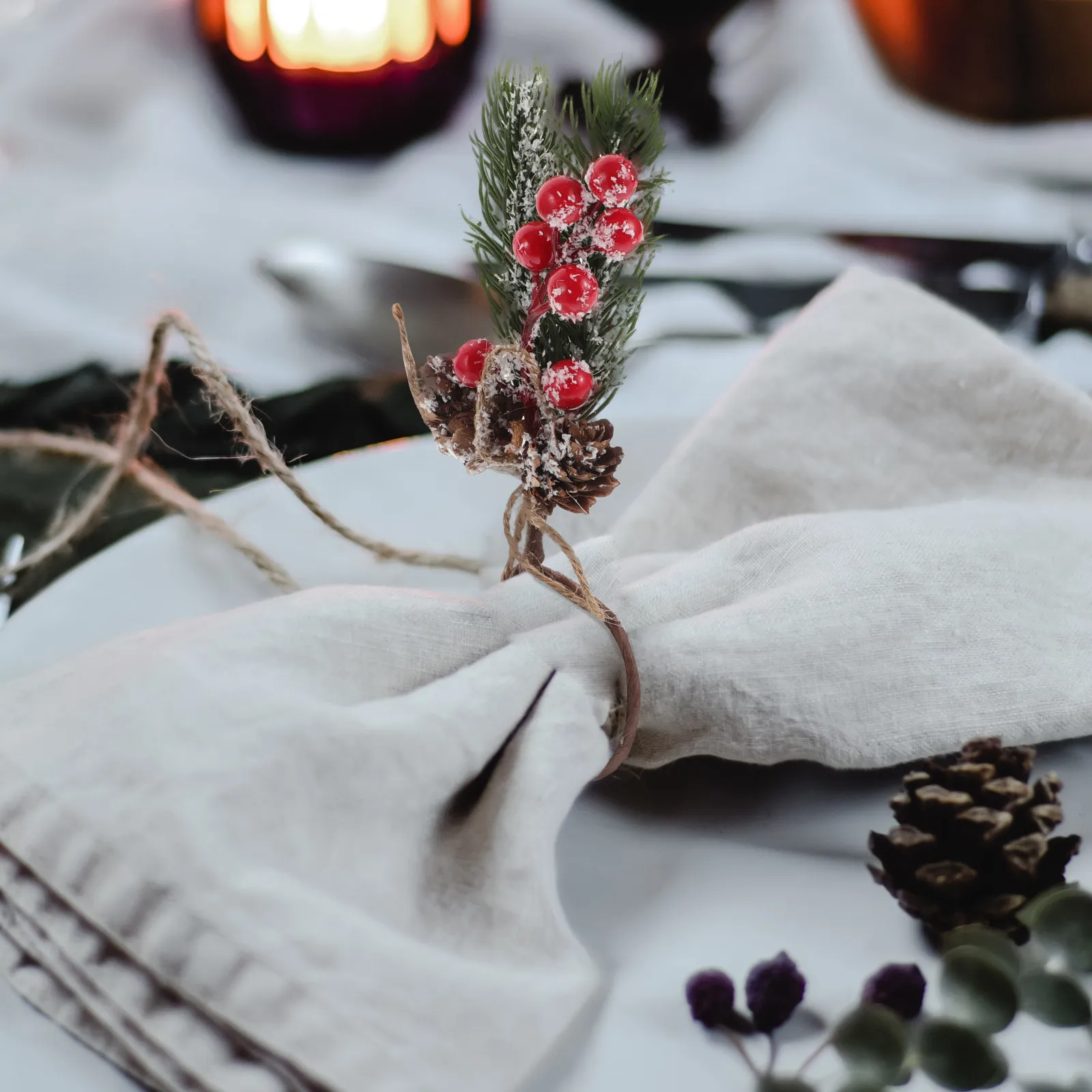 6Pcs Christmas Napkin Rings Handwoven Cedar Branches with Realistic Red Berries Reusable Dining Table Decor for Holiday