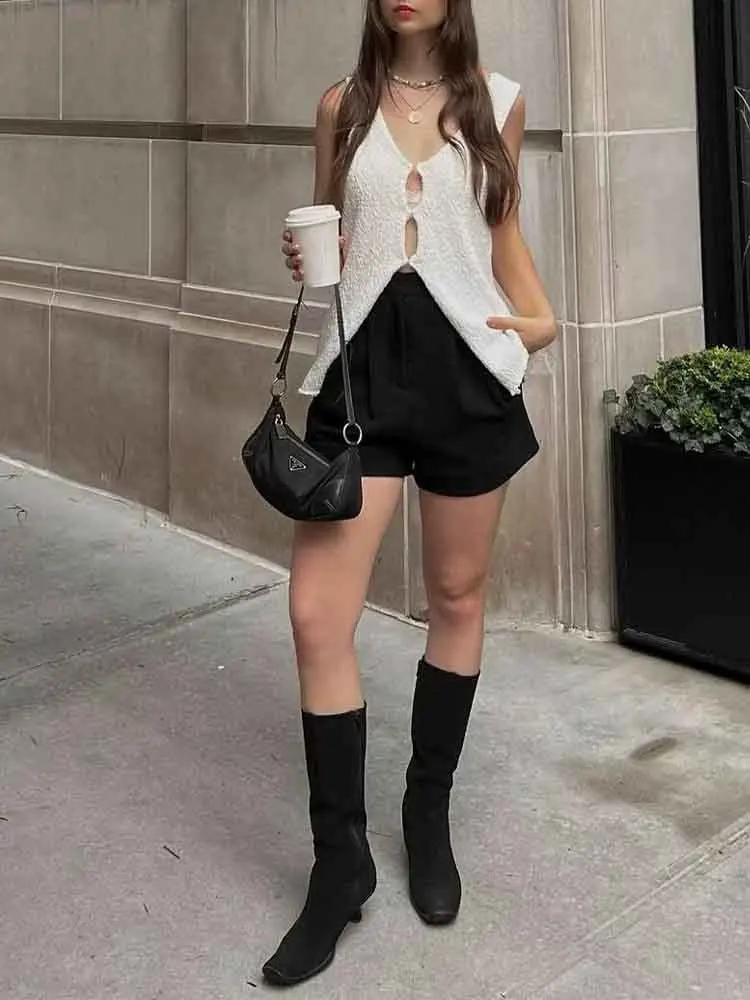 

European style new women's clothing all-match holiday style sexy V-neck sleeveless knitted pullover vest top