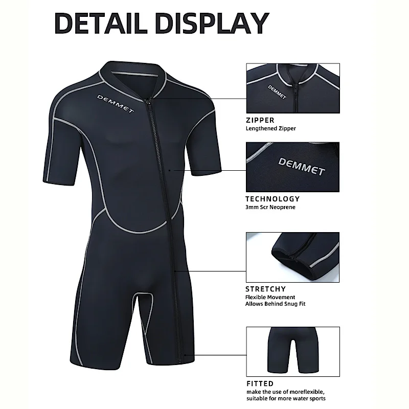 New DEMMET1.5/3M Neoprene Men\'s Short Sleeve Wetsuit Front Unzipper Snorkeling Surfing Swimsuit Keeps Warm