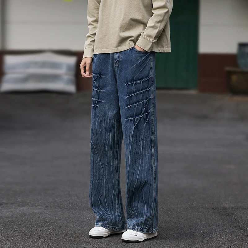 

American High Street Jeans Casual Mens Lightning Pattern Vintage Baggy Wide Leg Floor Length Denim Trousers Versatile Male Pants