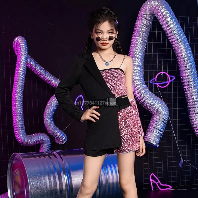 Mädchen-Pailletten-Jazz-Tanzkostüm-Set, trendiges Street-Dance-Bühnenoutfit für Kinder, geeignet für Wettbewerbe und Auftritte, stylische Jazz-Tanzkleidung. – Detail 9