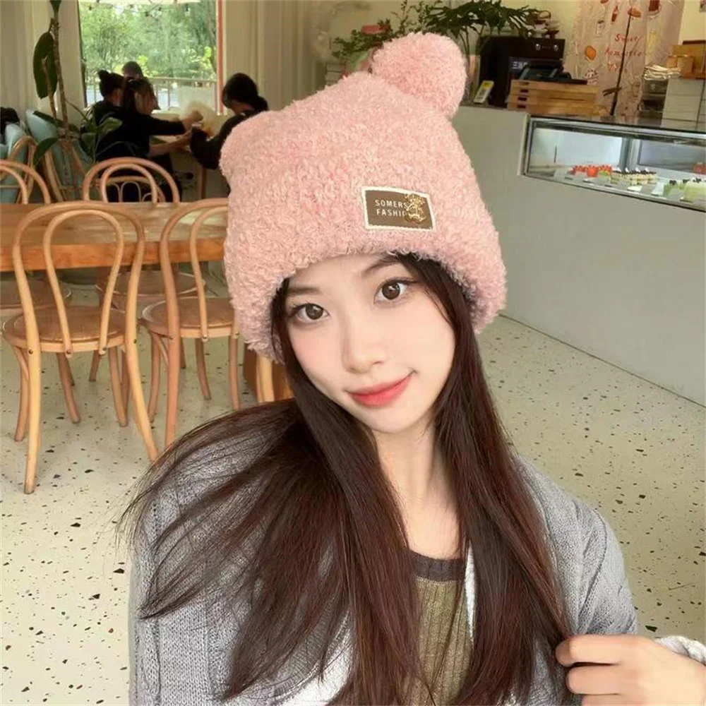 Cute Bear Ear Wool Hat Winter Beanies Warm Ear Protection Knitted Beanie Cap Bonnets Cartoon Solid Color Warmer Earmuffs Caps