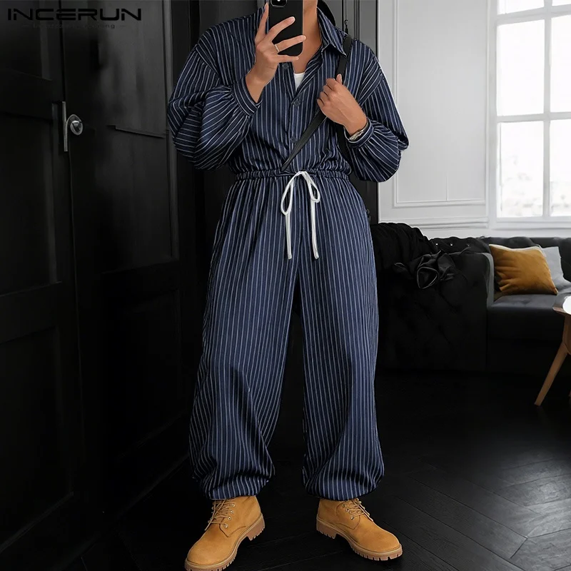 INCERUN Men Jumpsuits Striped Lapel Long Sleeve Drawstring Joggers Rompers Streetwear Loose Fashion Casual Male Overalls Pants
