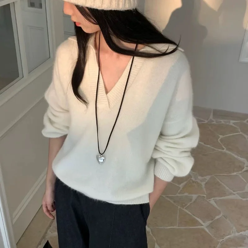 Birdtree,30.2% Sheep Wool Knitted Polo Neck Sweater,Woman Lapel Full Sleeve Solid Knitwear,2025 Autumn Loose Pullover T59926JF