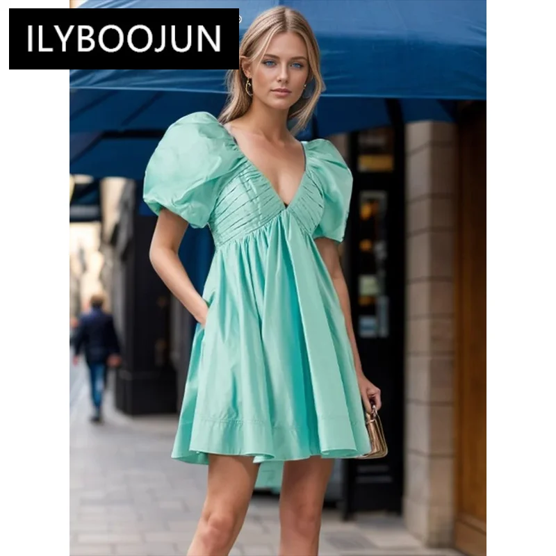 

ILYBOOJUN Colorblock Printing Dresses For Women V Neck Short Sleeve High Waist Patchwork Folds A Line Dress Female Fashion