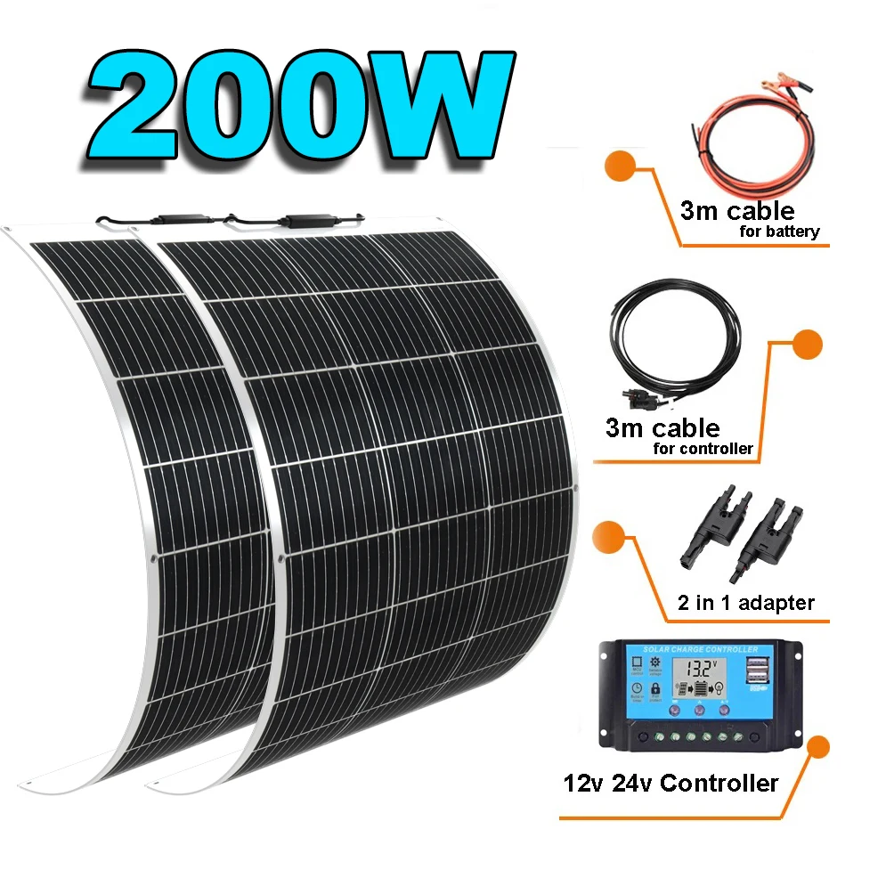100W 200W Solarpanel-Set, flexibles Solarpanel mit Laderegler, 12V Solar-Ladepanel, Photovoltaiksystem für Zuhause, Wohnwagen, Outdoor, Wohnmobil