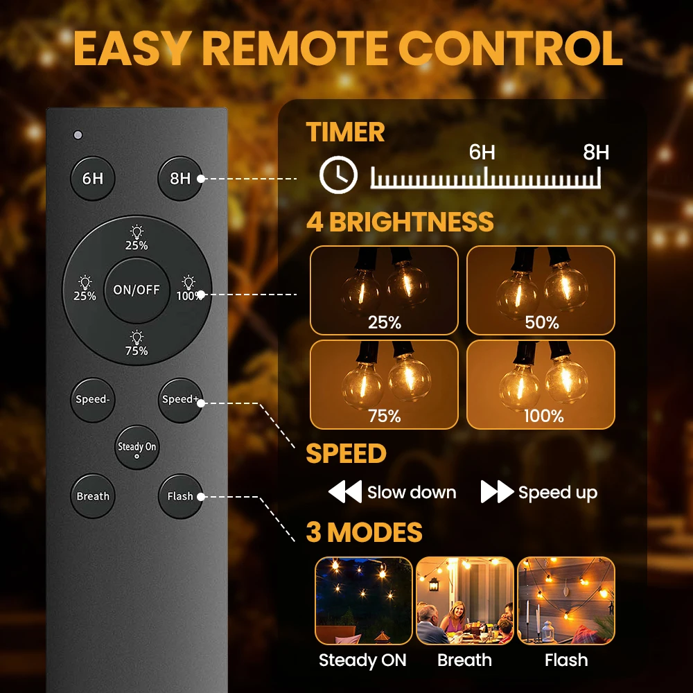 Outdoor String Lights G40 with Remote Dimmable 24V Low-Voltagle Safer Adapter 3 Lighting Modes IP44 Waterproof G40 String Lights image 3