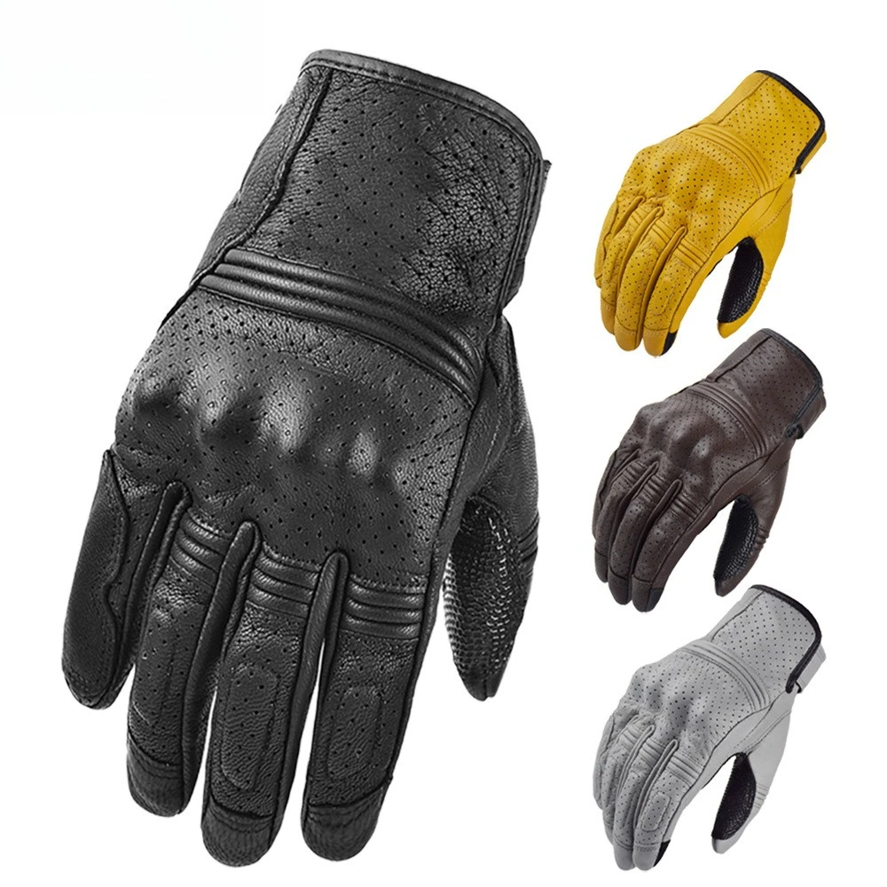 

Ретро мотоциклетные кожаные перчатки, перфорированные летние защитные перчатки на полный палец, дышащий сенсорный экран, аксессуары для велоспорта на мотоцикле