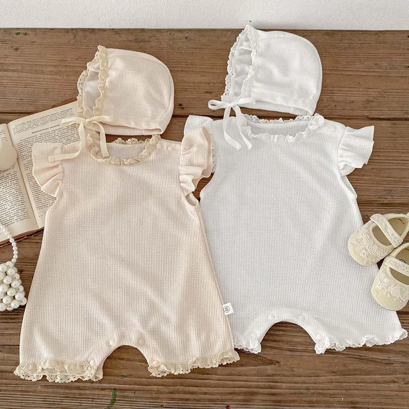 2025 New Summer Newborn Baby Girls Romper+Hat Fly Sleeve Waffle Cotton Solid Color Toddler Baby Jumpsuit 0-24M Children Clothes