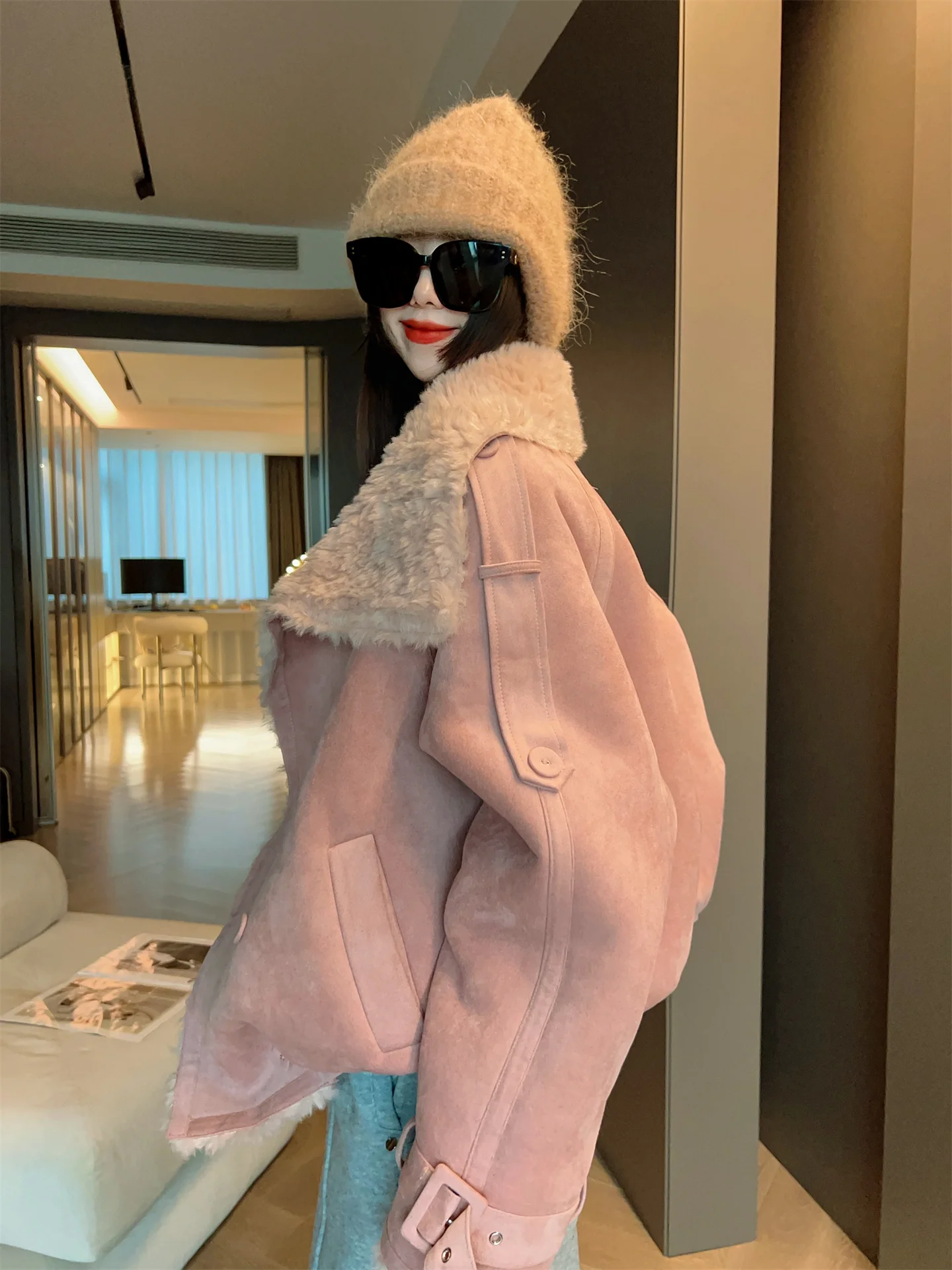 MRS AO Retro Thiened Fce damesleer en bont geïntegreerde warme top losse Sle faionable bovenkleding voor dames