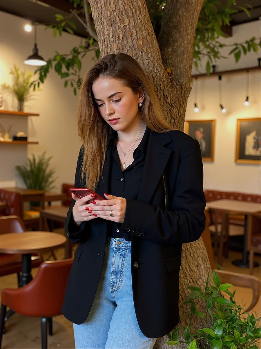 سترة نسائية سوداء بياقة مقلوبة ومظهر ربط من Fahison Fat خاصة ساحرة وشخصية رقيقة مائلة ومضادة للبيلينغ