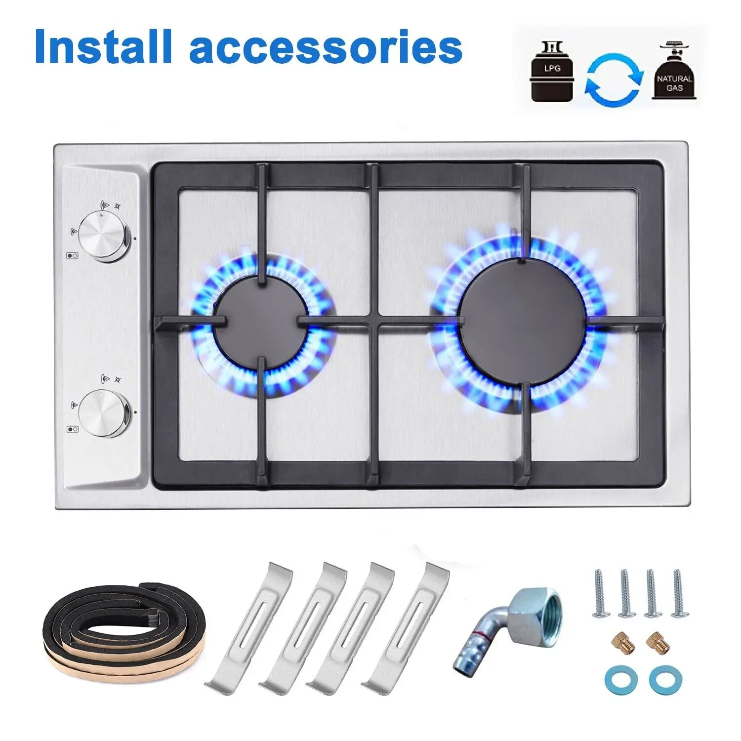 TopStrong 2 Burner 30cm Stainless Steel Kitchen Cast Iron Pan Support Built in Gas Cooktop NG/LPG Convertible Gas Hob