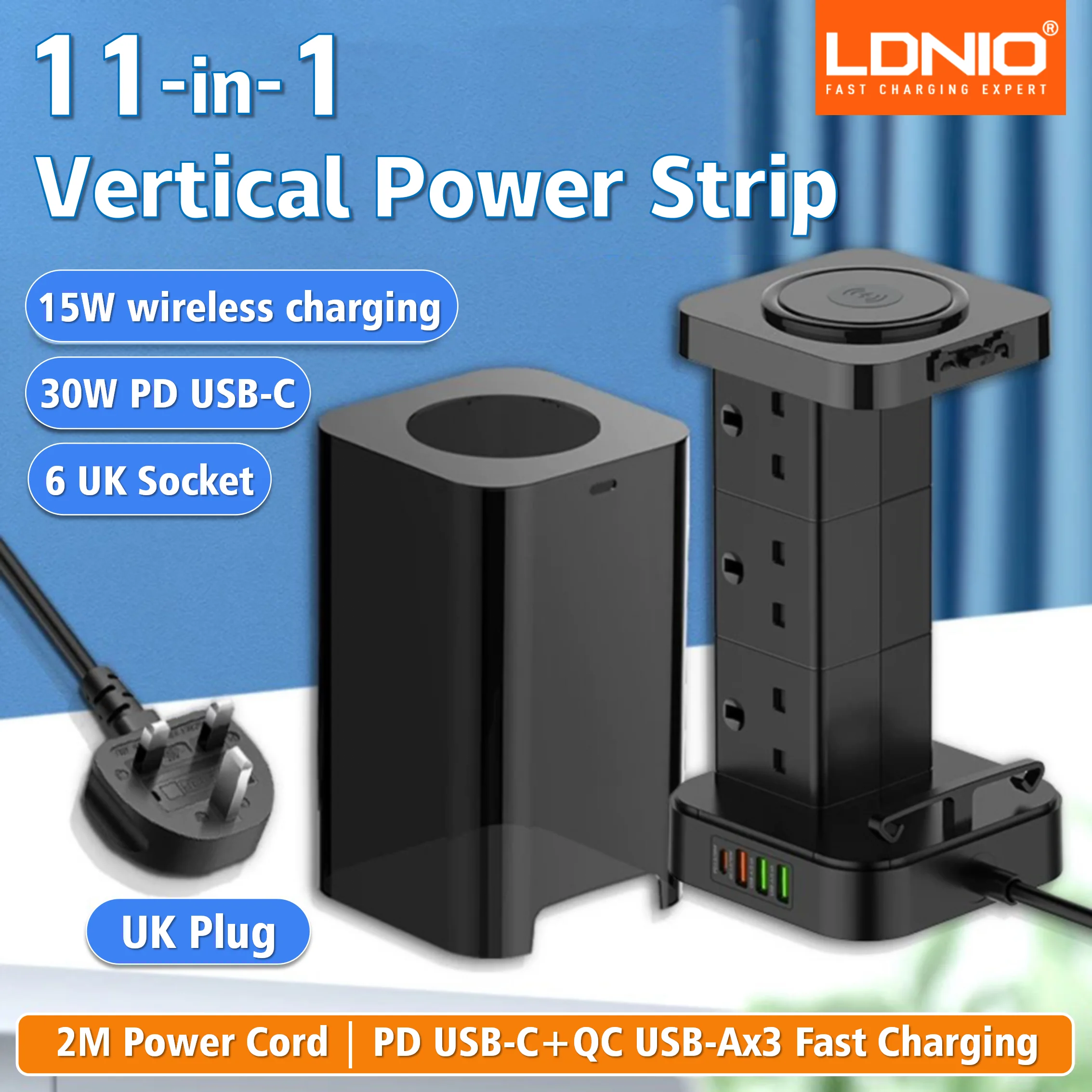 LDNIO Tower Power Strip with 6 Outlets +4 USB Ports + WIRELESS CHARGER 2M Power Cord, UK Plug Vertical Electric Socket for Home